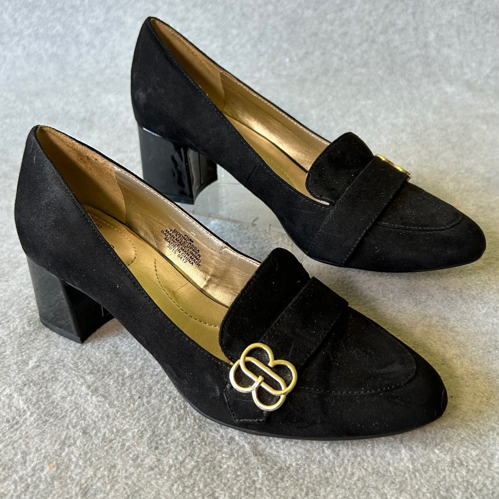 Bandinolino Black Suede Loafer Heel Pumps Gold Accent Block Heel Women's Sz 7.5M